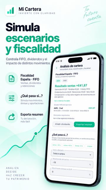 Captura de Mi Cartera: fiscalidad España con FIFO, resultado de ventas y simulador ¿Qué pasa si…?