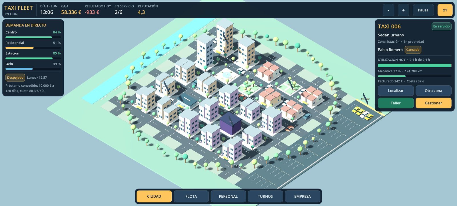 Ciudad isométrica de Taxi Fleet Tycoon con la demanda en directo por zonas y la ficha de un taxi en servicio