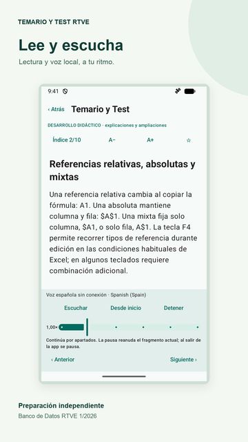 Pantalla de lectura del temario con texto ajustable y lectura en voz alta