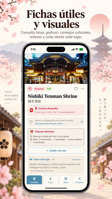 Japan Tourism screenshot: Nishiki Tenman shrine page with photos, goshuin and a cultural tip