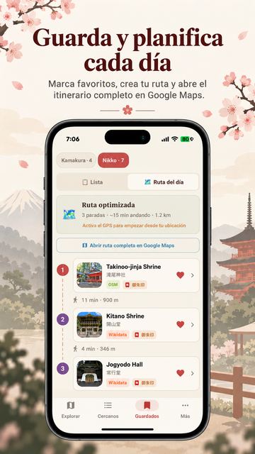 Japan Tourism screenshot: optimized day route with three saved stops and a button to open it in Google Maps