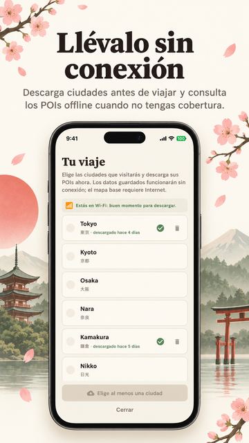 Japan Tourism screenshot: trip screen to download cities and use them offline