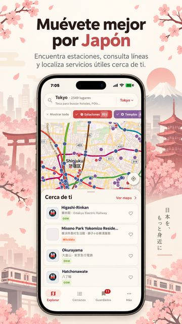 Japan Tourism screenshot: Tokyo map with colored subway lines and nearby places