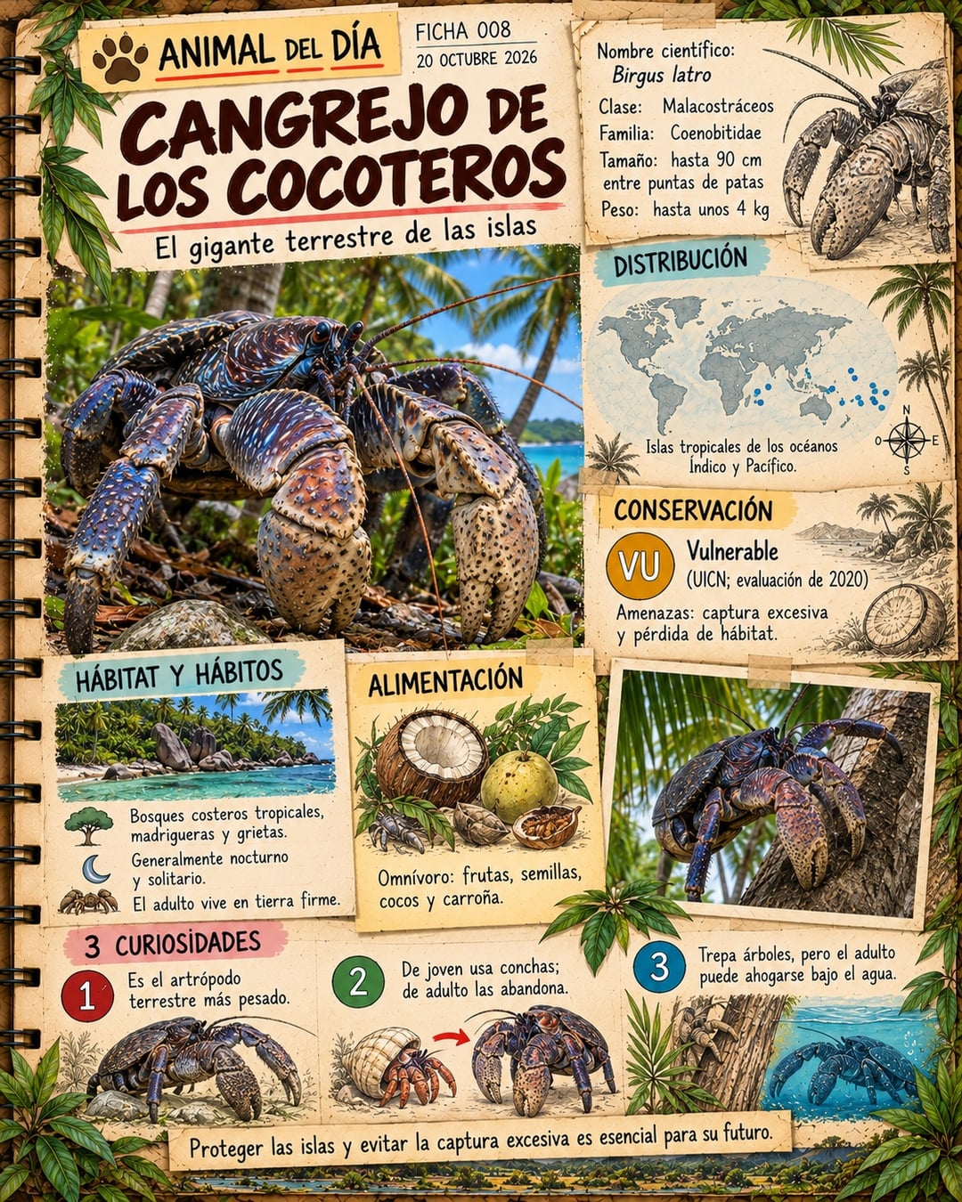 Infografía de @cuadernosalvaje365: Cangrejo de los cocoteros: el gigante de las islas
