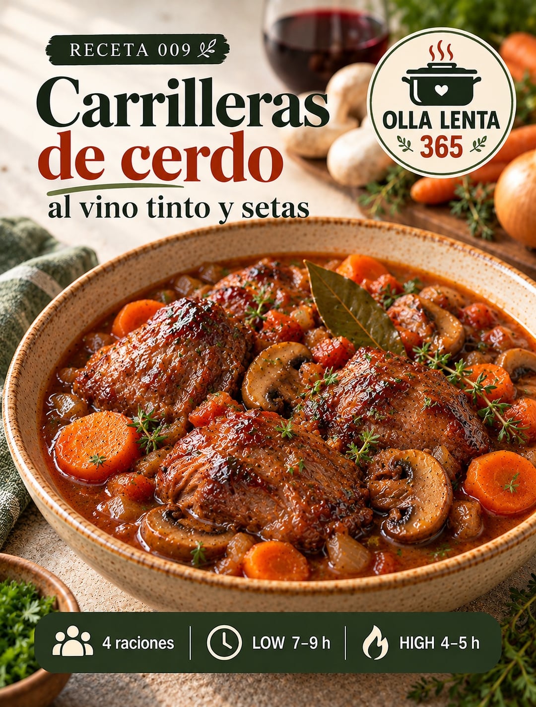 Infografía de @ollalenta365: Carrilleras de cerdo al vino tinto y setas en olla lenta