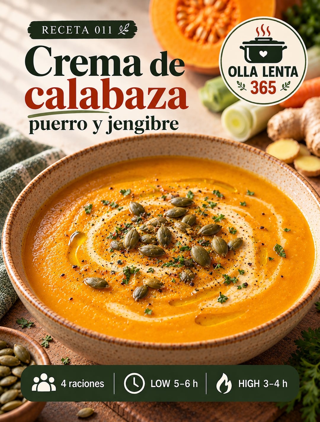 Infografía de @ollalenta365: Crema de calabaza, puerro y jengibre en olla lenta