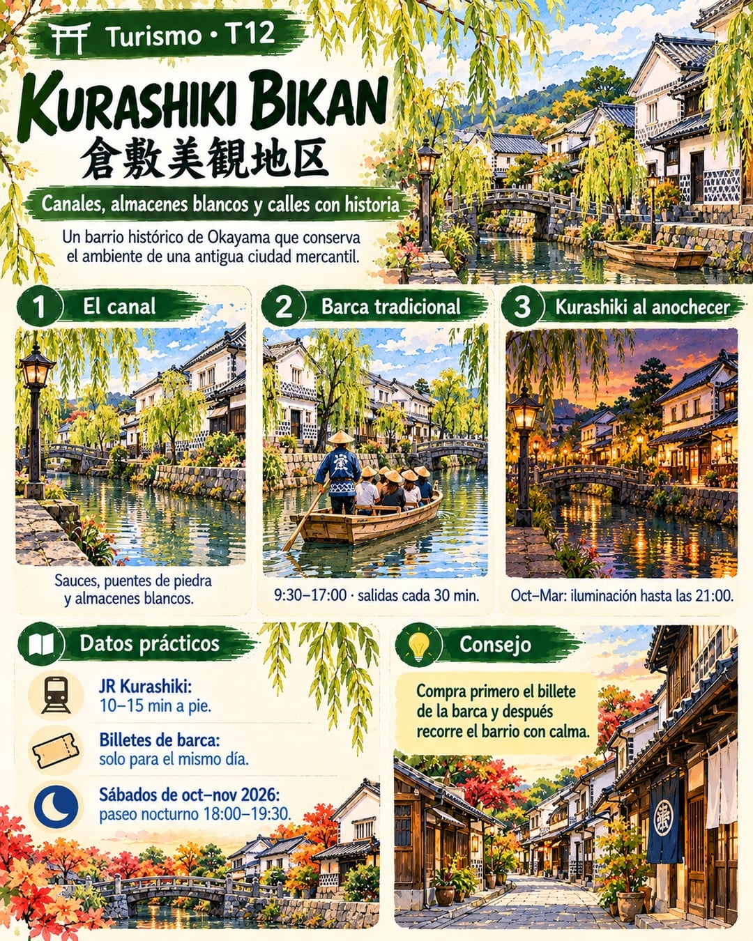 Infografía de @pildorasdejapon: Kurashiki Bikan: canales y almacenes blancos