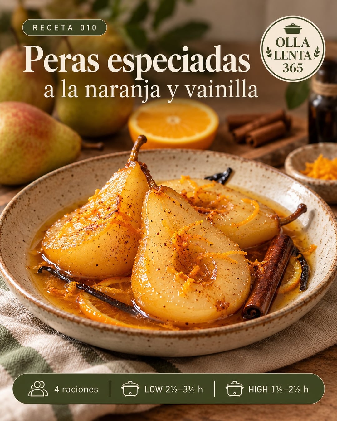 Infografía de @ollalenta365: Peras especiadas a la naranja y vainilla en olla lenta