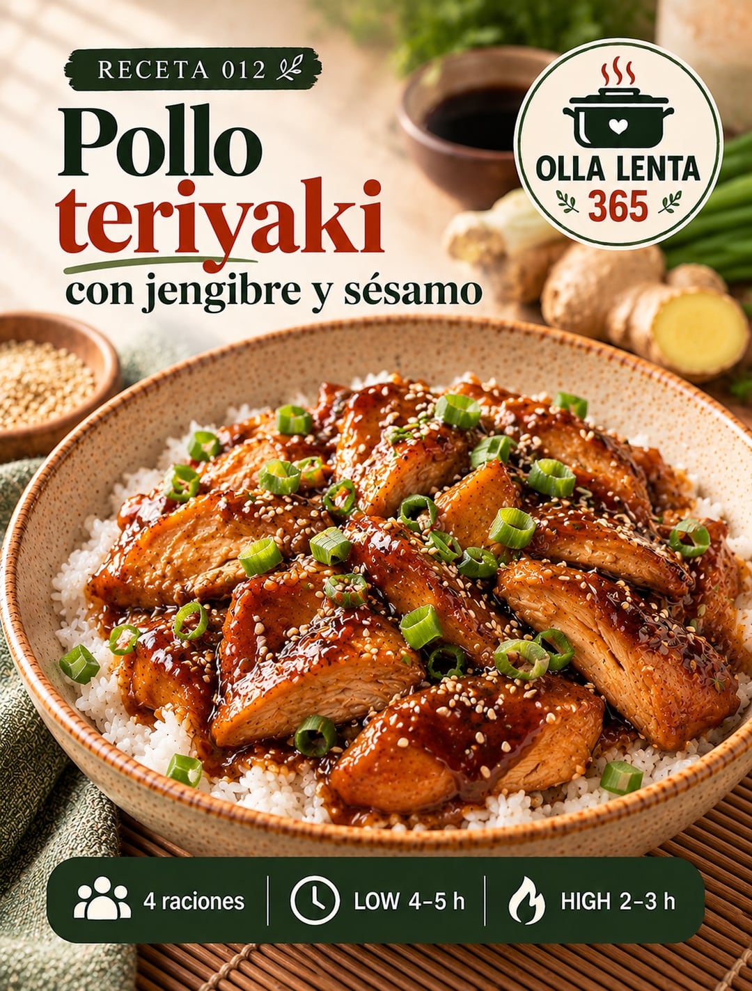 Infografía de @ollalenta365: Pollo teriyaki con jengibre y sésamo en olla lenta