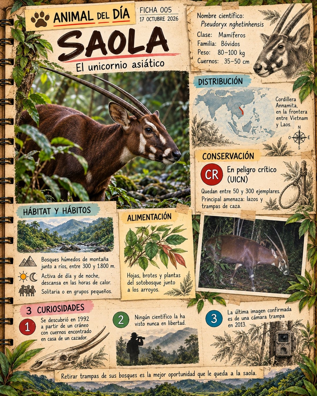 Infografía de @cuadernosalvaje365: Saola: el unicornio asiático de los bosques annamitas