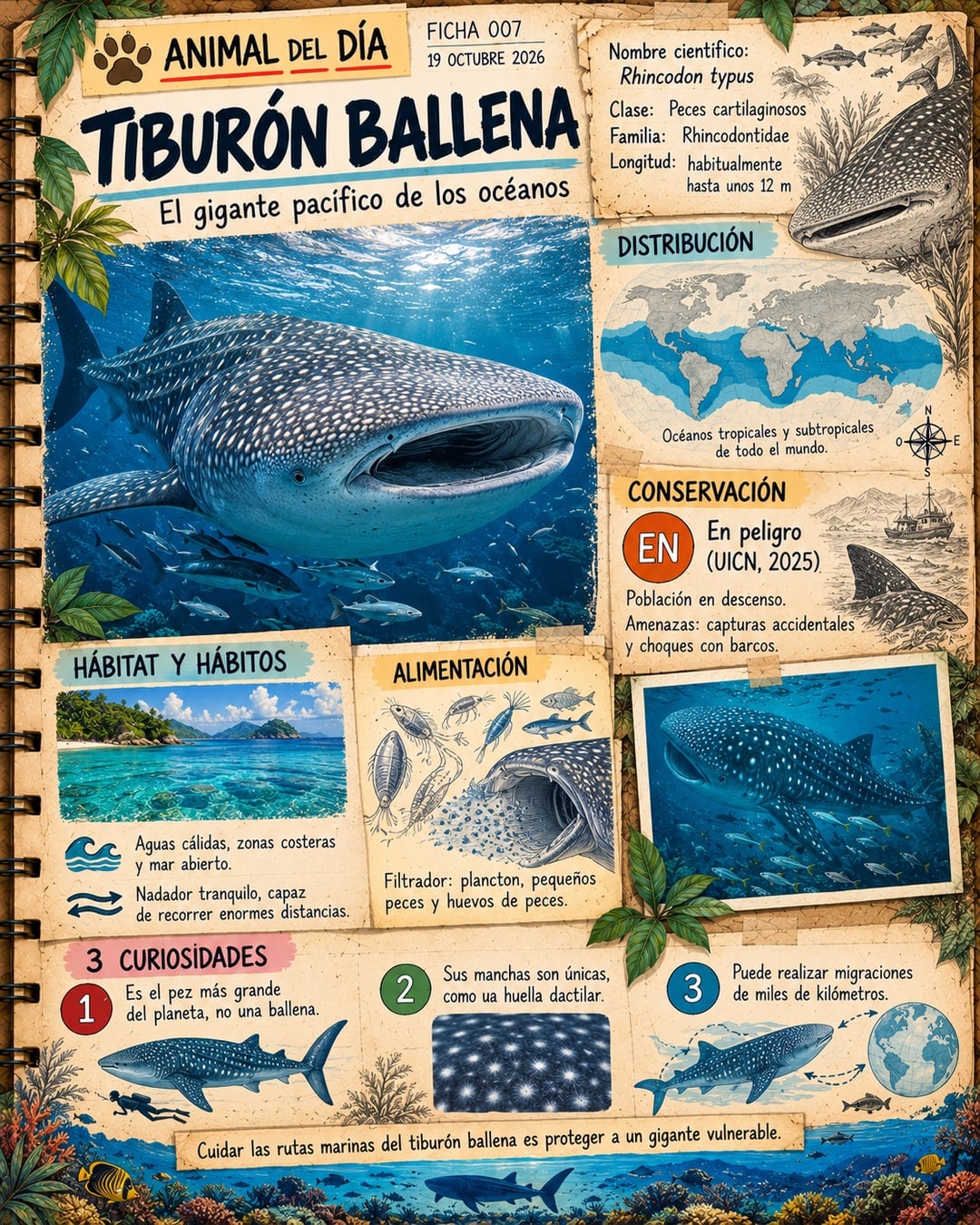 Infografía de @cuadernosalvaje365: Tiburón ballena: el pez más grande del planeta