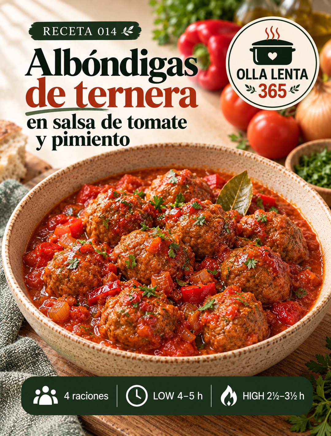 Infografía de @ollalenta365: Albóndigas de ternera en salsa de tomate y pimiento en olla lenta
