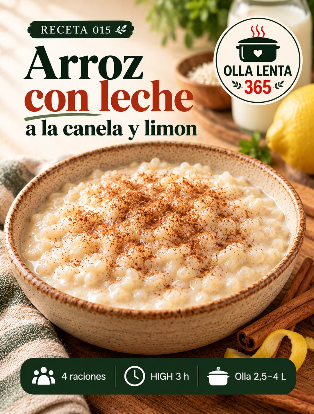 Infografía de @ollalenta365: Arroz con leche a la canela y limón en olla lenta