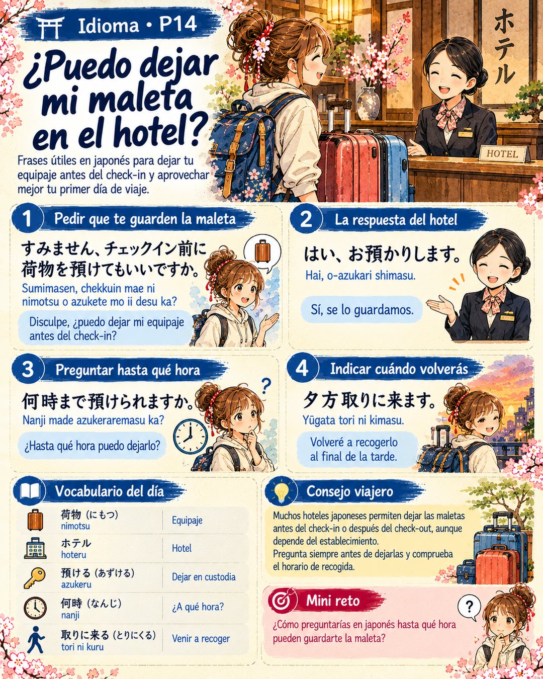 Infografía de @pildorasdejapon: Cómo pedir que te guarden la maleta en el hotel en japonés