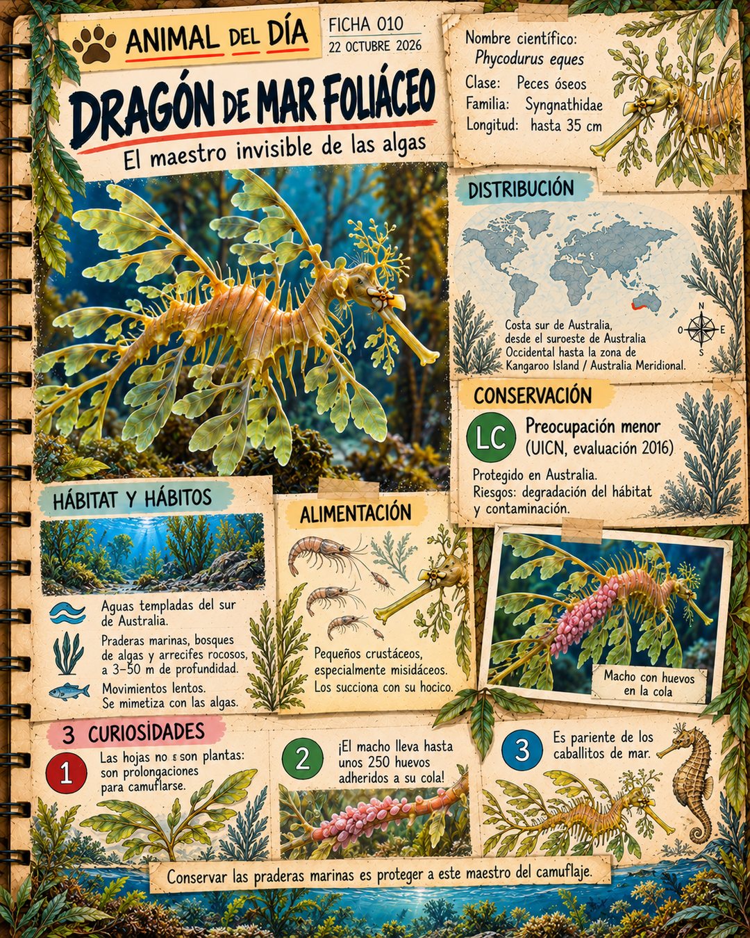 Infografía de @cuadernosalvaje365: Dragón de mar foliáceo: el maestro del camuflaje
