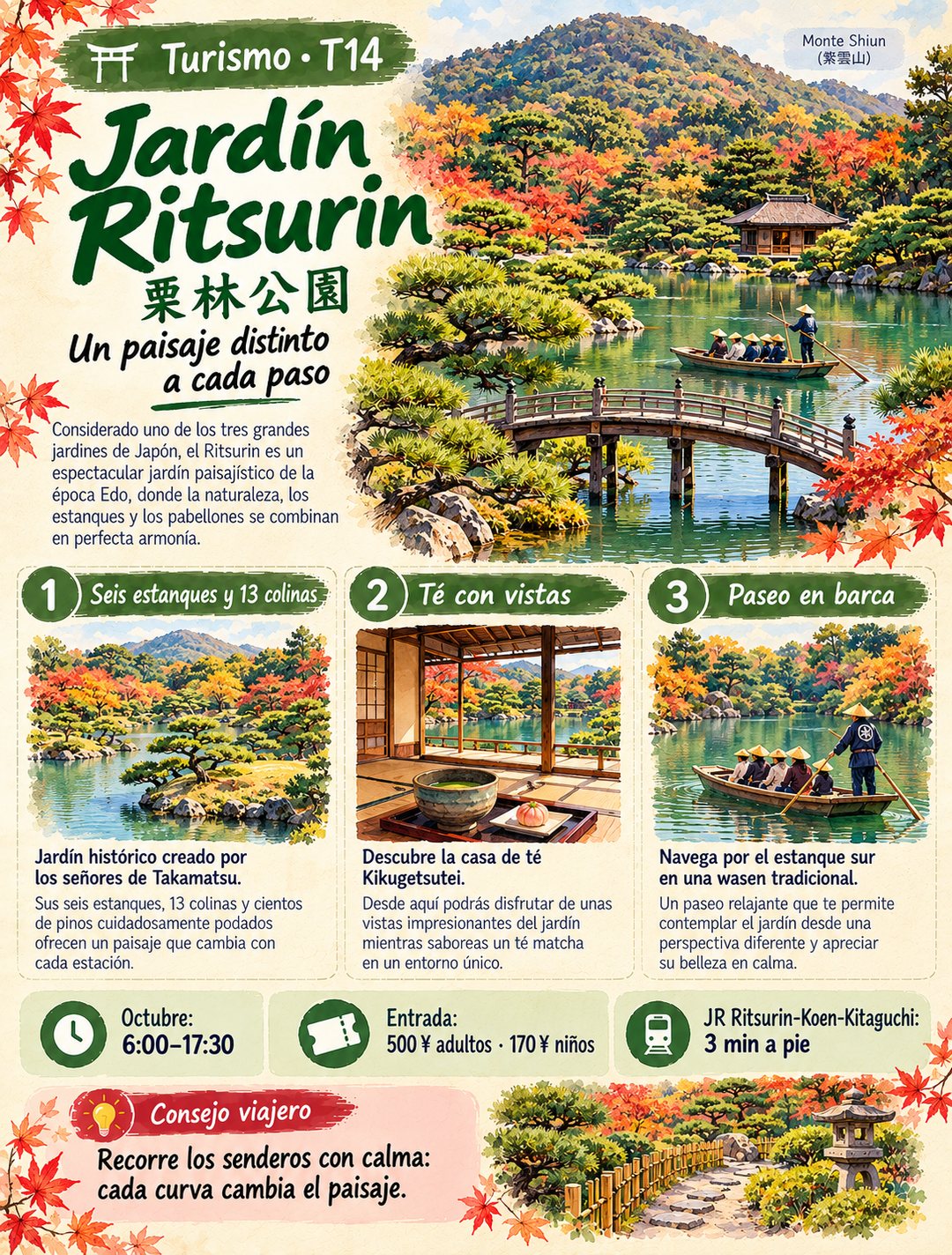 Infografía de @pildorasdejapon: Jardín Ritsurin: un paisaje distinto a cada paso en Takamatsu