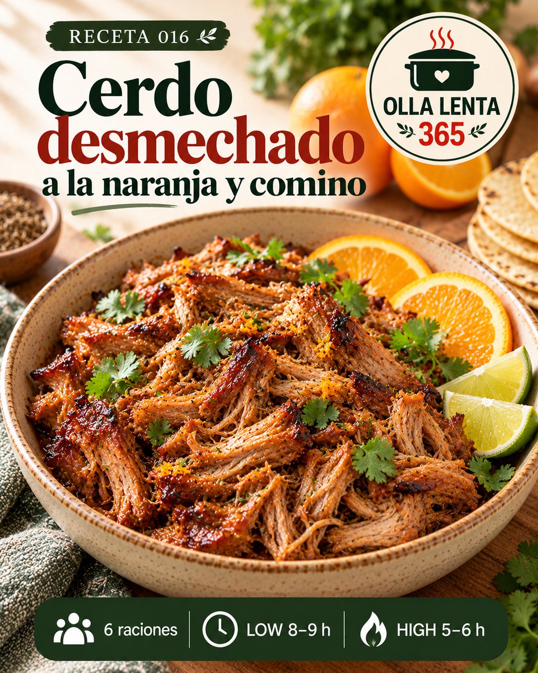 Infografía de @ollalenta365: Cerdo desmechado a la naranja y comino en olla lenta
