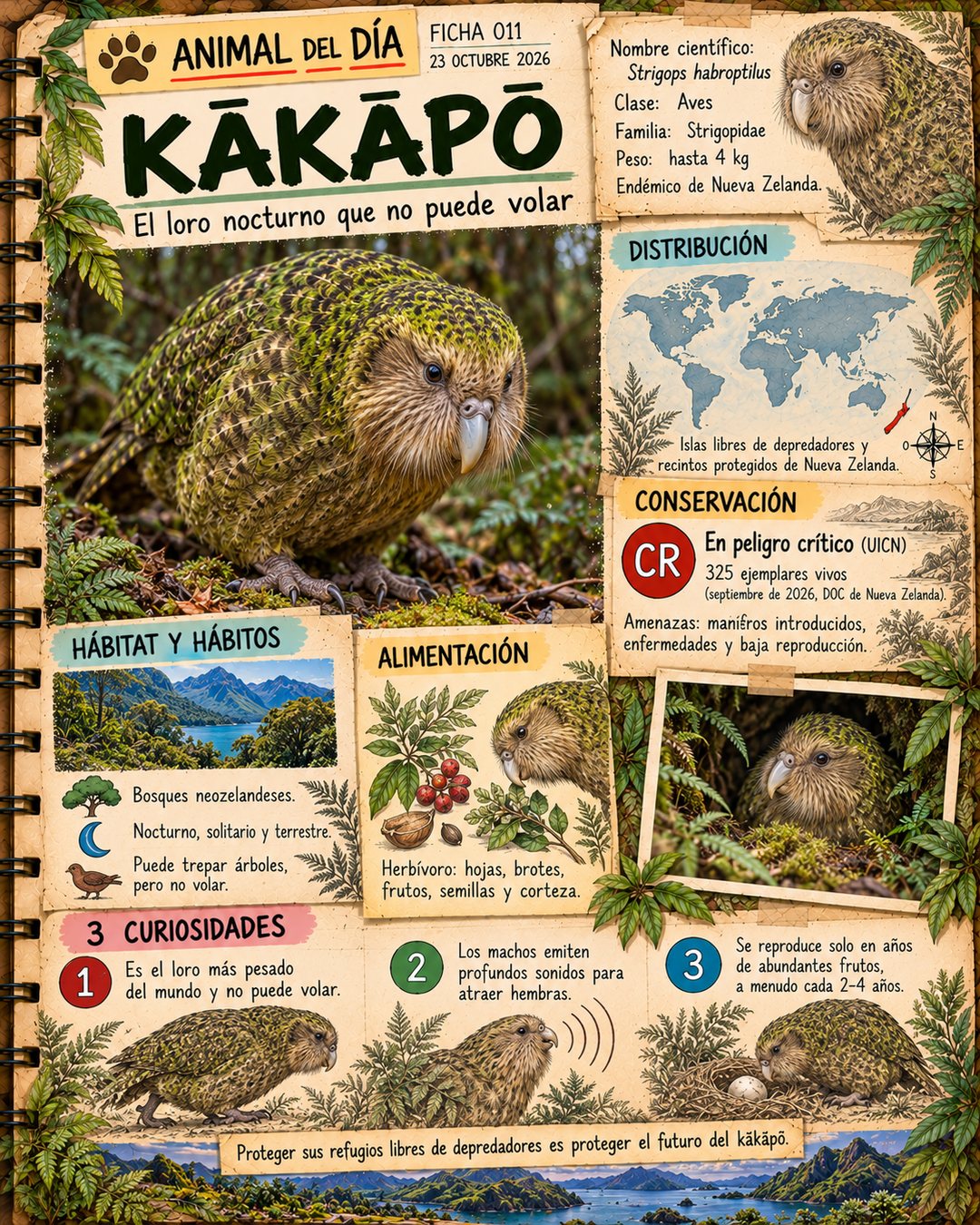 Infografía de @cuadernosalvaje365: Kākāpō: el loro nocturno que no puede volar