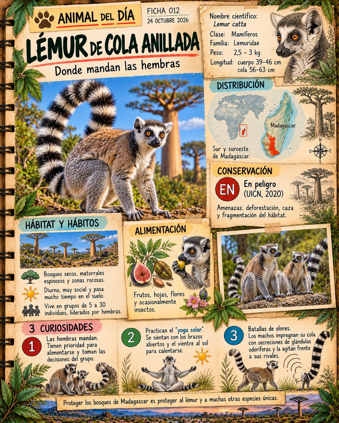 Infografía de @cuadernosalvaje365: Lémur de cola anillada: el primate de Madagascar donde mandan las hembras