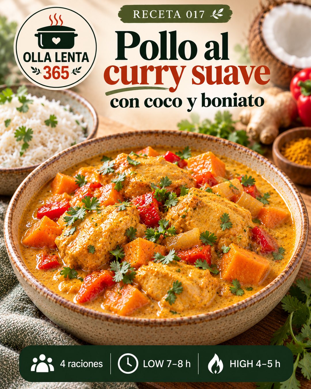 Infografía de @ollalenta365: Pollo al curry suave con coco, boniato y lima en olla lenta