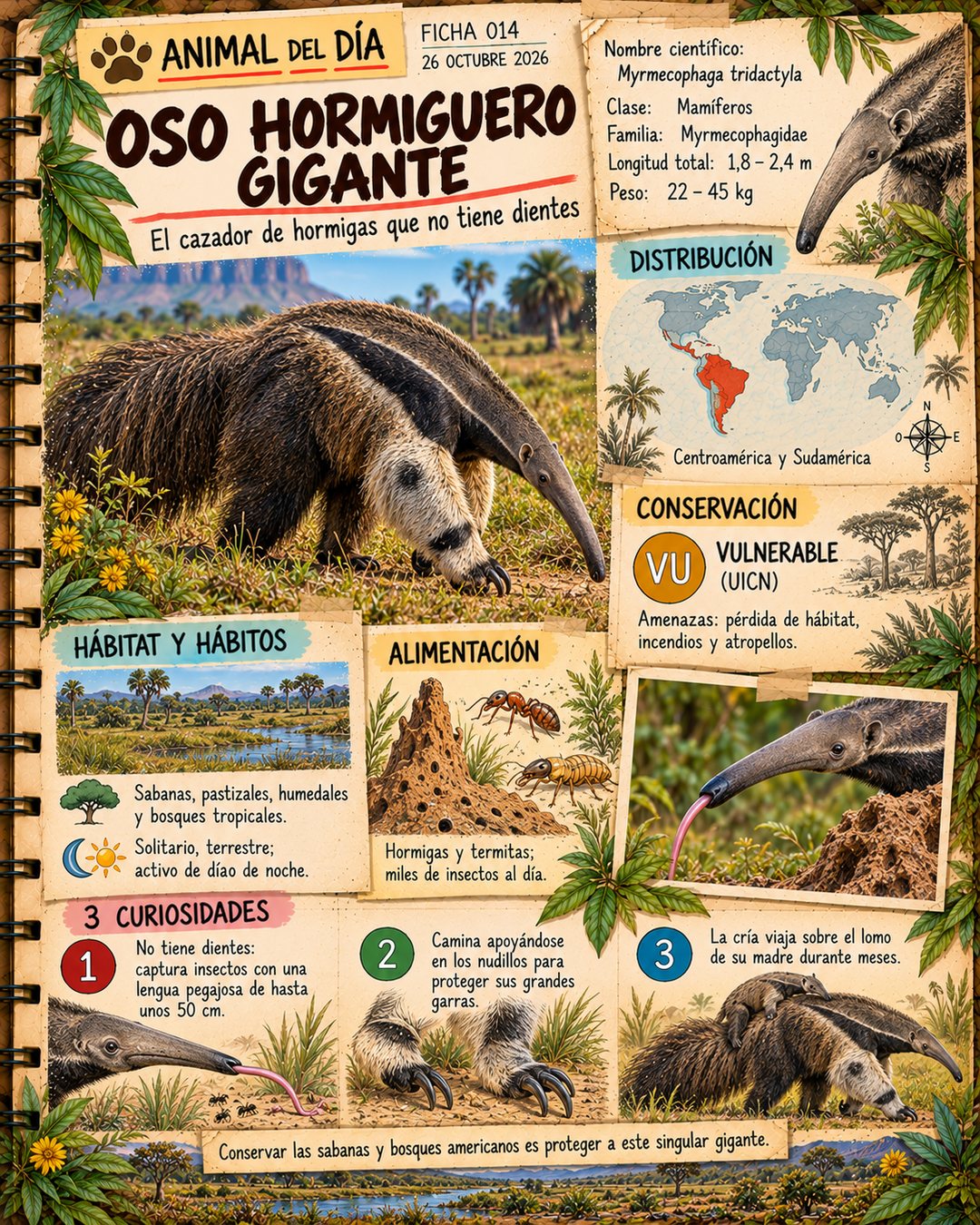 Infografía de @cuadernosalvaje365: Oso hormiguero gigante: el cazador sin dientes
