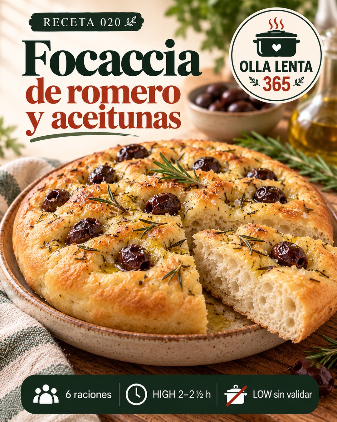 Infografía de @ollalenta365: Focaccia de romero y aceitunas en olla lenta