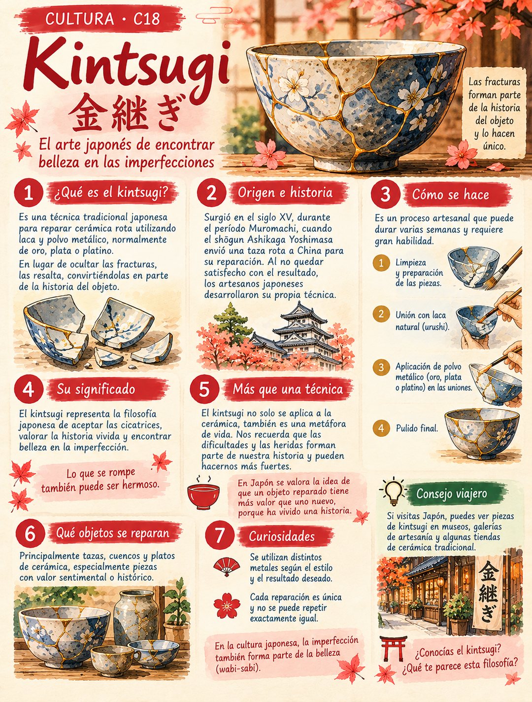Infografía de @pildorasdejapon: Kintsugi: la belleza de reparar con oro