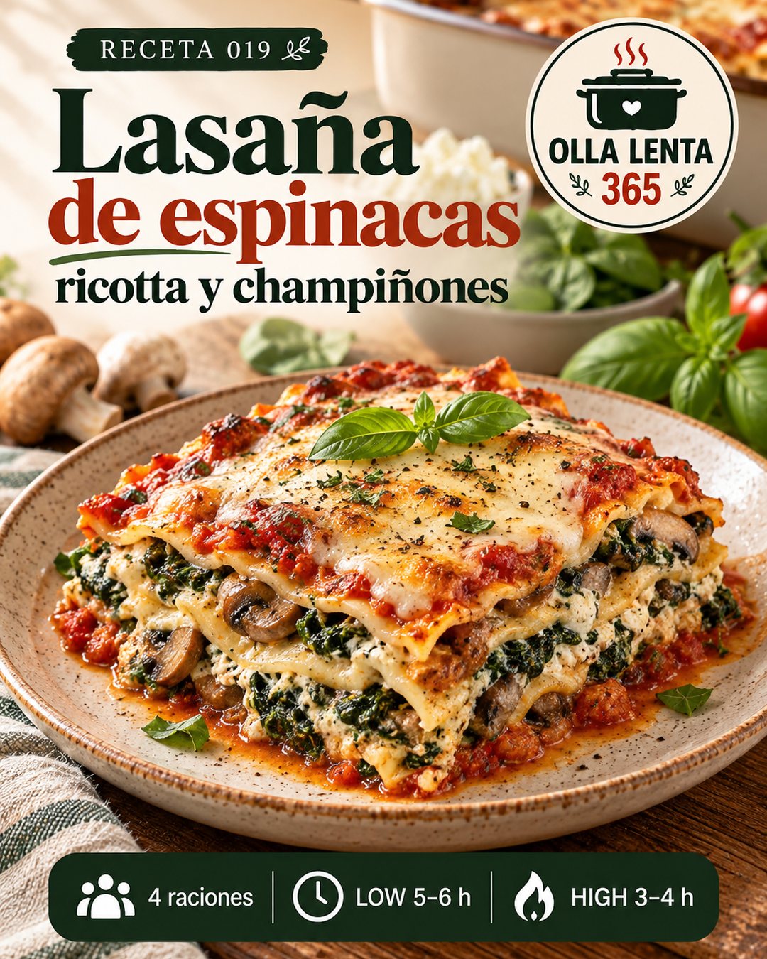 Infografía de @ollalenta365: Lasaña de espinacas, ricotta y champiñones en olla lenta