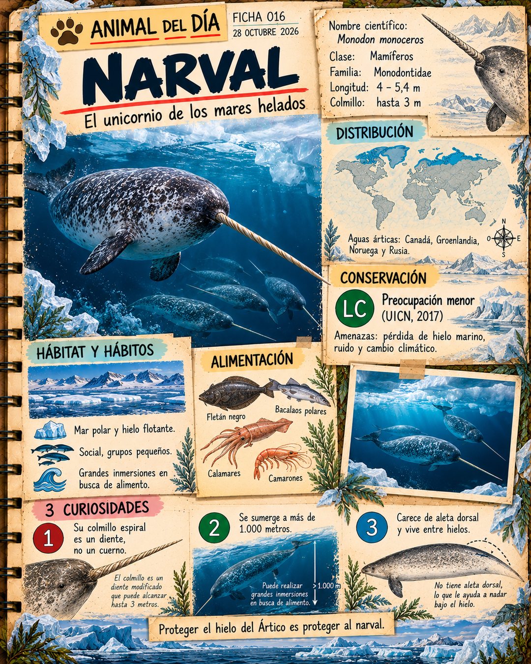 Infografía de @cuadernosalvaje365: Narval: el unicornio de los mares helados