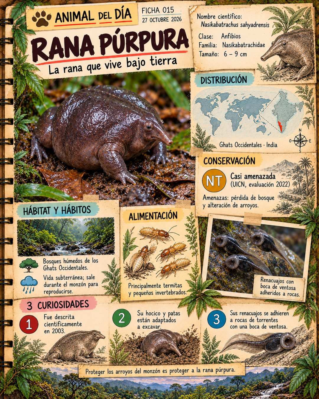 Infografía de @cuadernosalvaje365: Rana púrpura: la extraña rana que vive bajo tierra