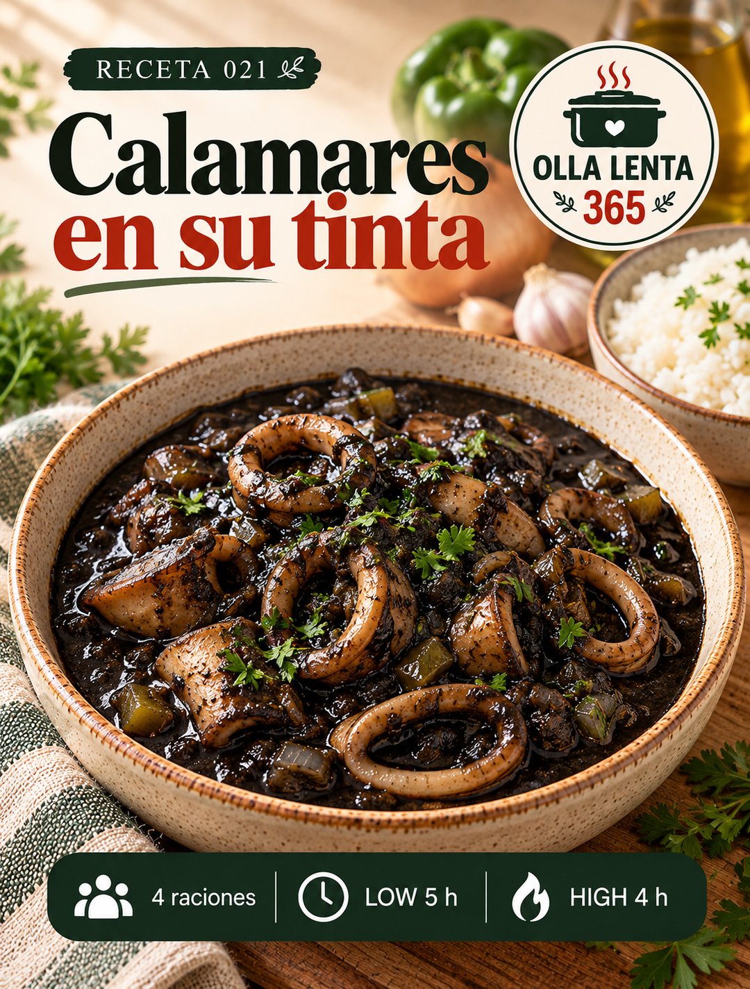 Infografía de @ollalenta365: Calamares en su tinta en olla lenta