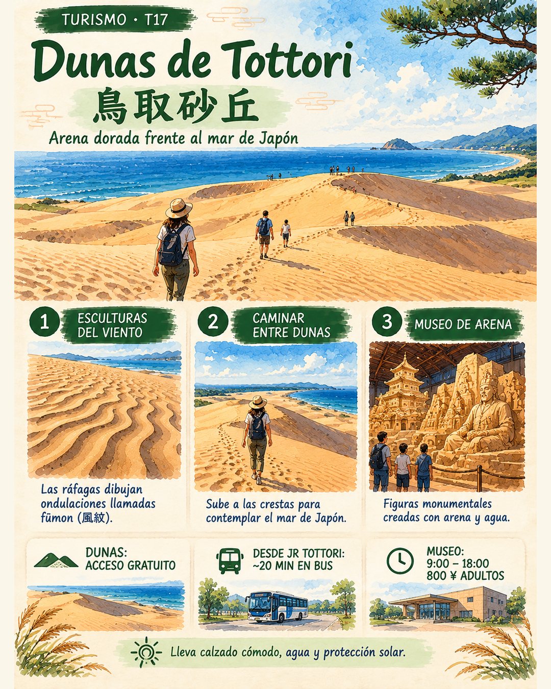 Infografía de @pildorasdejapon: Dunas de Tottori: un desierto junto al mar en Japón