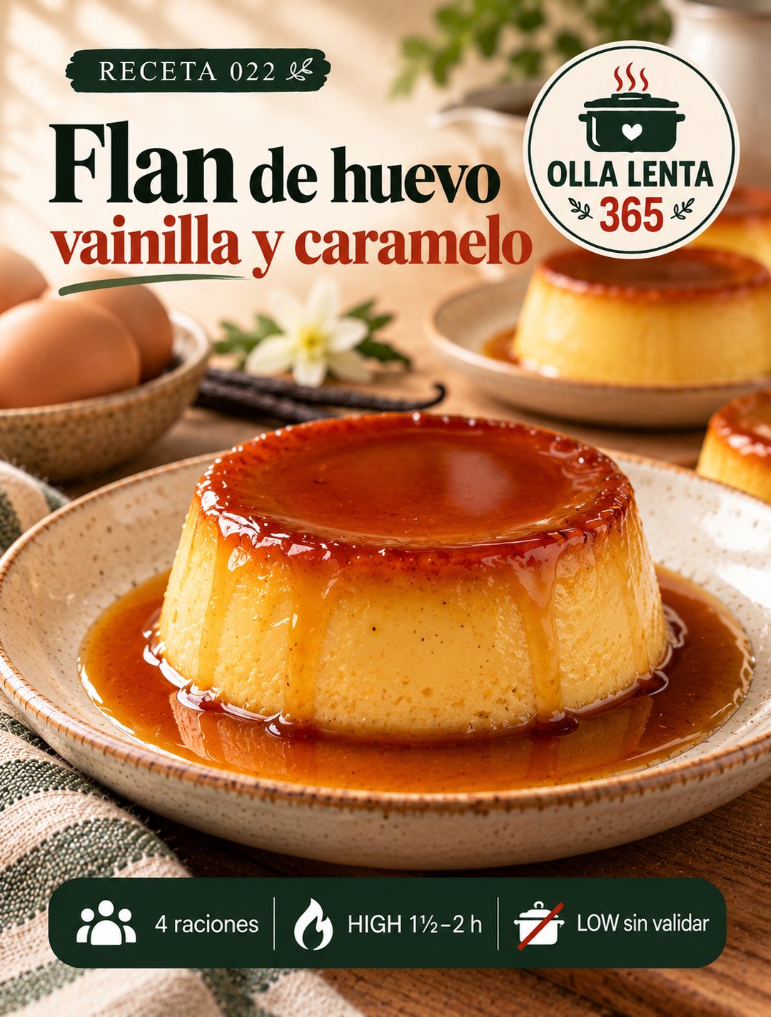 Infografía de @ollalenta365: Flan de huevo y vainilla al caramelo en olla lenta