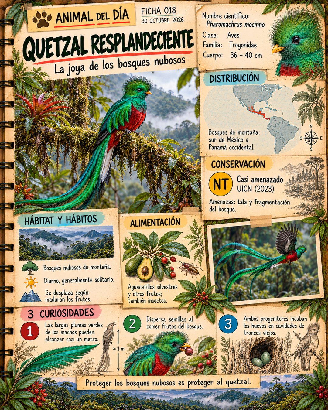 Infografía de @cuadernosalvaje365: Quetzal resplandeciente: la joya de los bosques nubosos