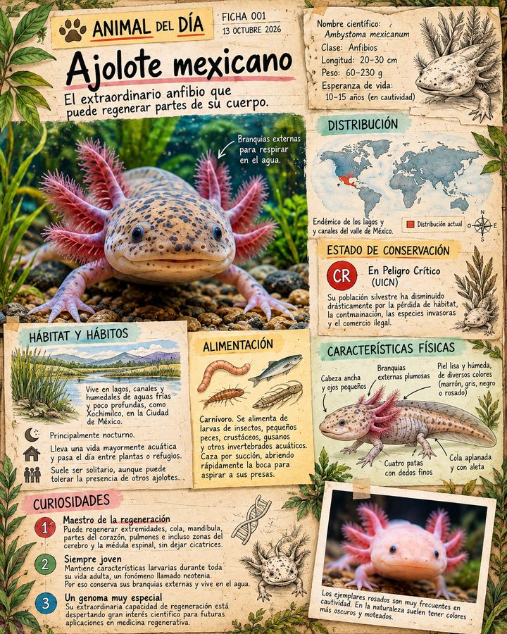 Ficha ilustrada del ajolote mexicano de Cuaderno Salvaje 365: ejemplar rosado con branquias externas, mapa de distribución, estado de conservación, alimentación y curiosidades