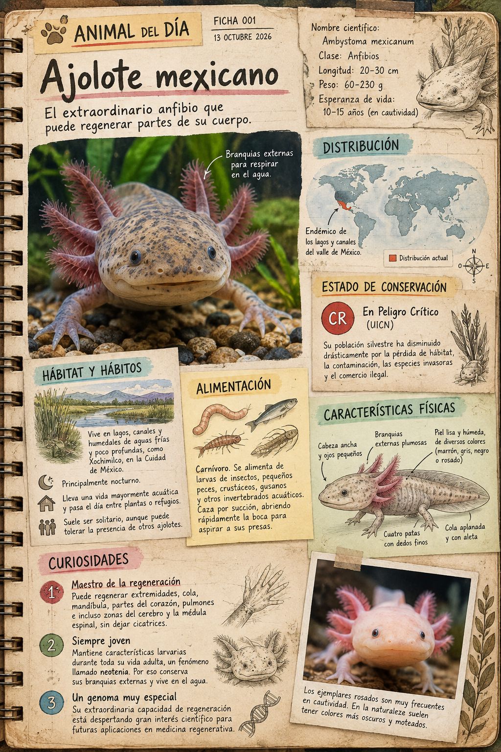 Segunda ficha ilustrada del ajolote mexicano, en formato de cuaderno de campo con espiral, con hábitat, alimentación, características físicas y curiosidades