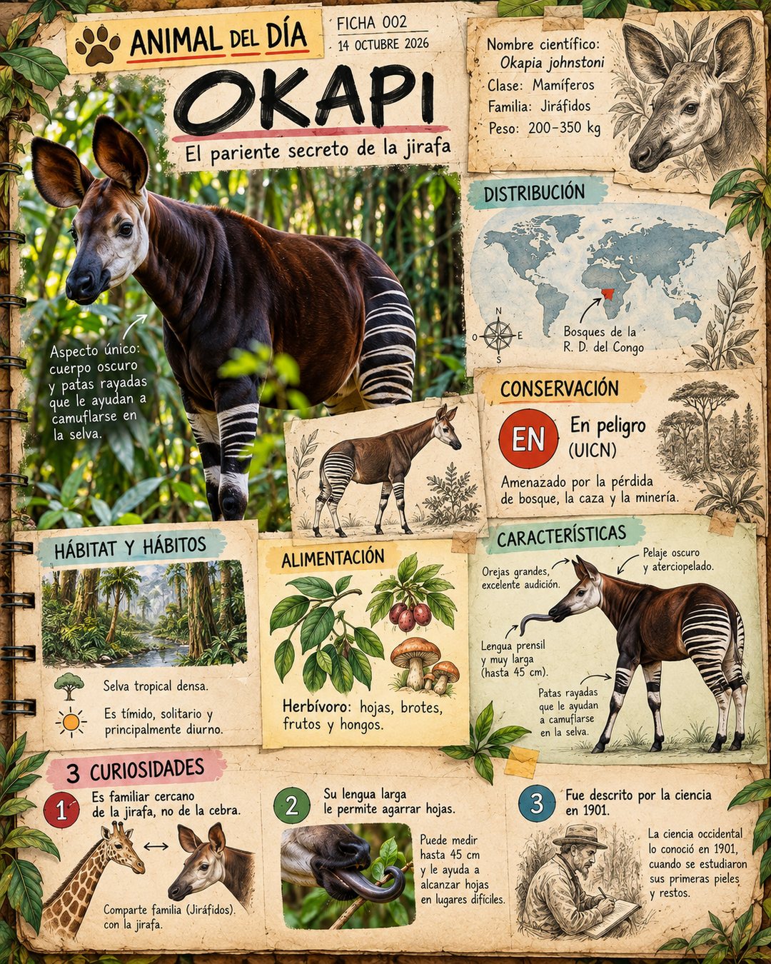 Ficha ilustrada del okapi de Cuaderno Salvaje 365: okapi en la selva, mapa con la R. D. del Congo, estado En peligro, alimentación, características y tres curiosidades