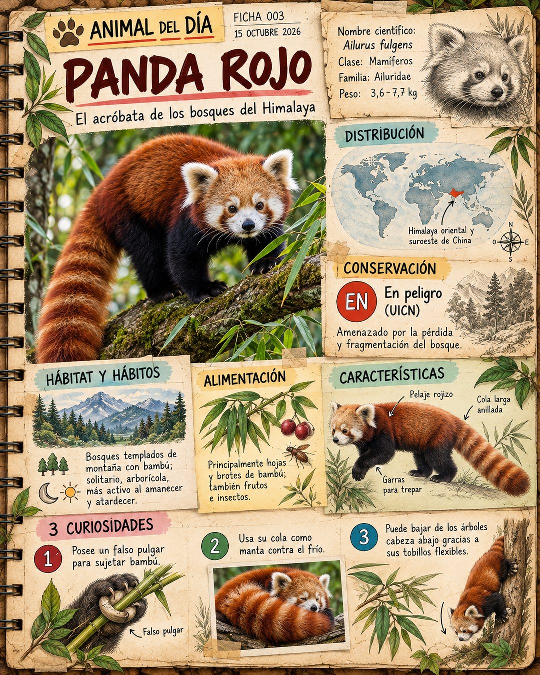 Ficha ilustrada del panda rojo de Cuaderno Salvaje 365: panda rojo en una rama, mapa del Himalaya, estado En peligro, alimentación, características y tres curiosidades