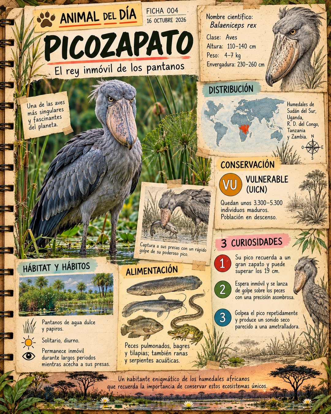 Ficha ilustrada del picozapato de Cuaderno Salvaje 365: picozapato en un pantano con papiros, mapa de África, estado Vulnerable, alimentación y tres curiosidades
