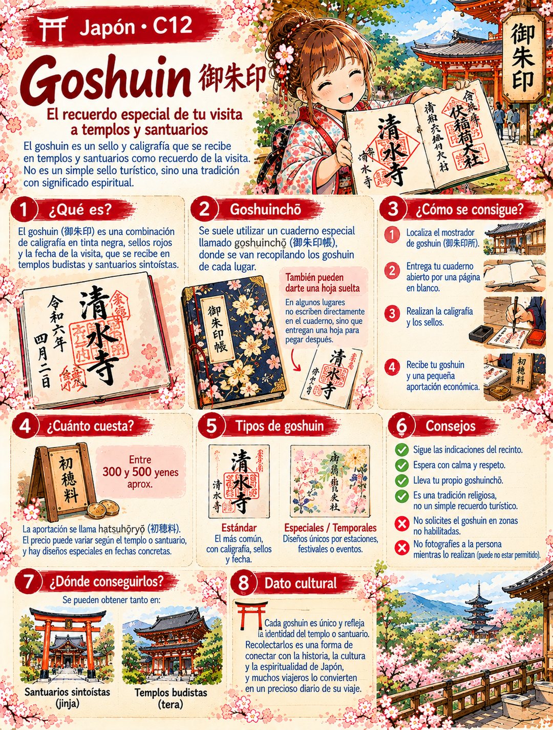 Infografía «Goshuin, el recuerdo especial de tu visita a templos y santuarios»: qué es, el cuaderno goshuinchō, cómo se consigue, cuánto cuesta, tipos de goshuin, consejos, dónde conseguirlos y un dato cultural