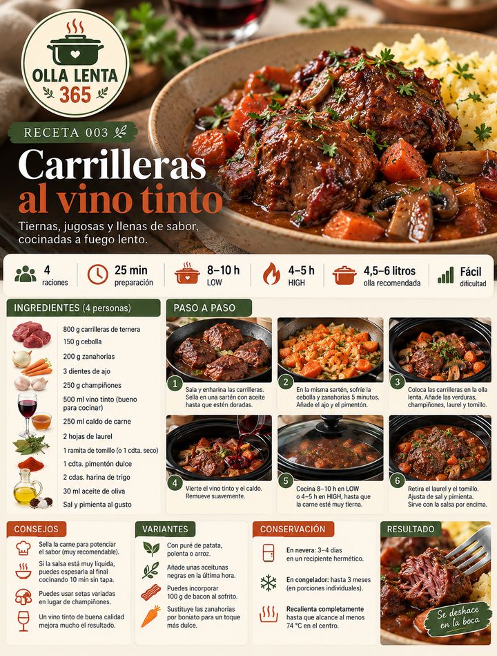 Carrilleras al vino tinto con zanahoria y champiñones en una cazuela: portada de la receta 003 de Olla Lenta 365