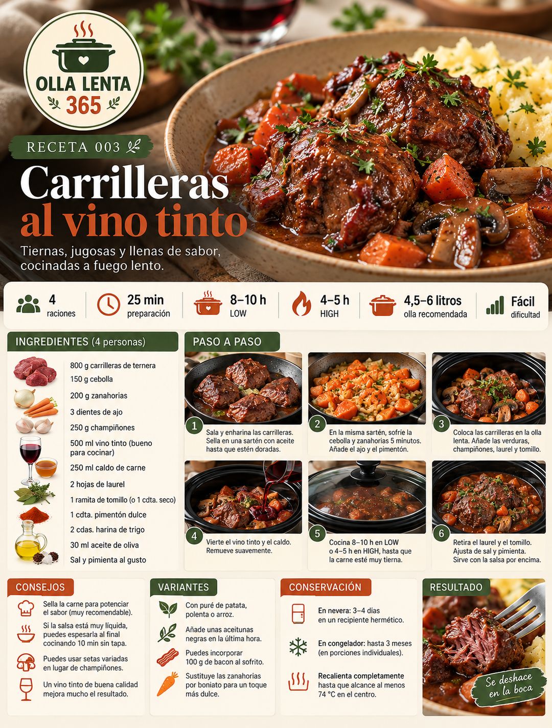 Carrilleras al vino tinto con zanahoria y champiñones en una cazuela: portada de la receta 003 de Olla Lenta 365