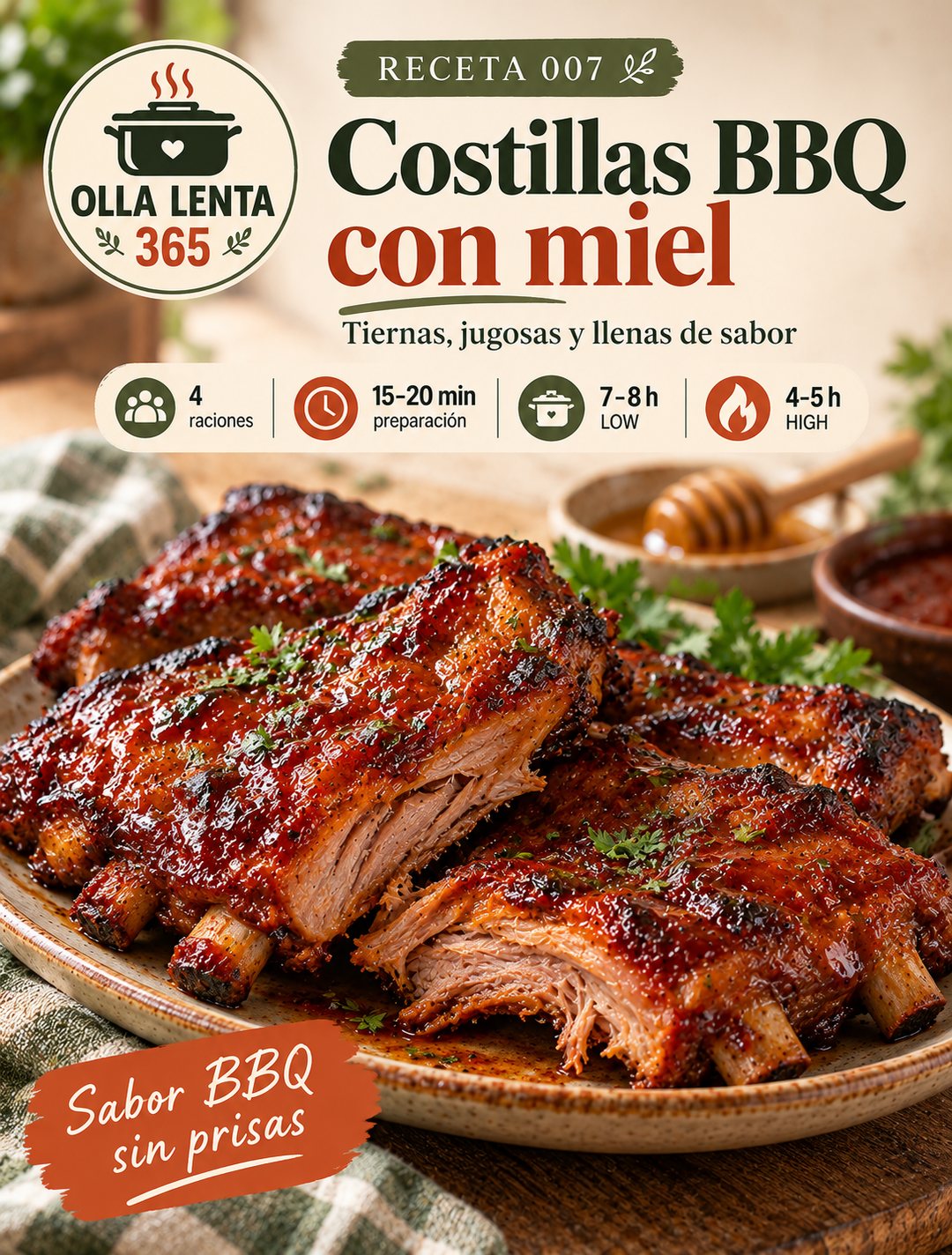 Costillas de cerdo glaseadas con barbacoa y miel en una fuente: portada de la receta 007 de Olla Lenta 365 (4 raciones, 15–20 min de preparación, LOW 7–8 h, HIGH 4–5 h)