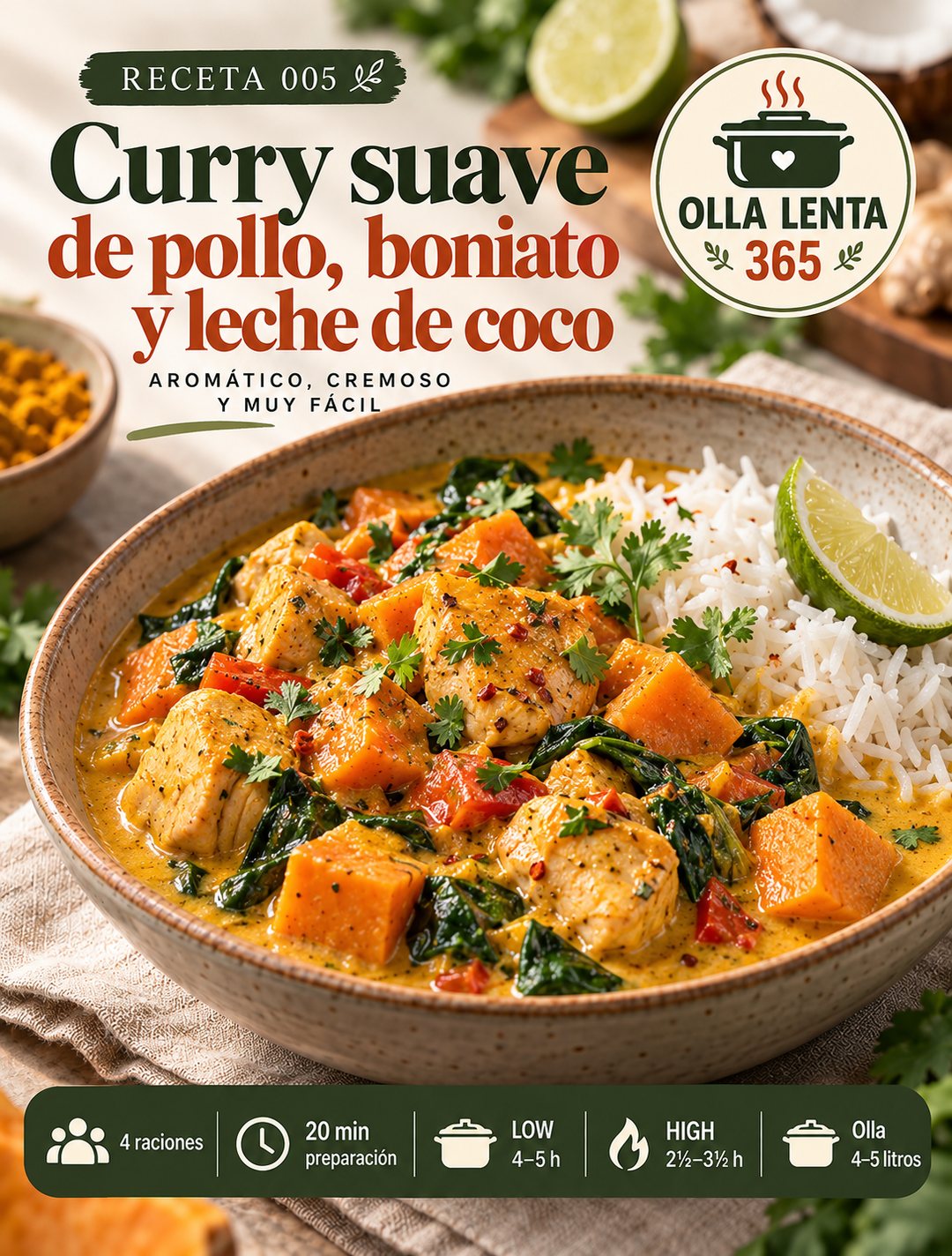 Curry suave de pollo, boniato y leche de coco con espinacas y arroz blanco en un cuenco: portada de la receta 005 de Olla Lenta 365