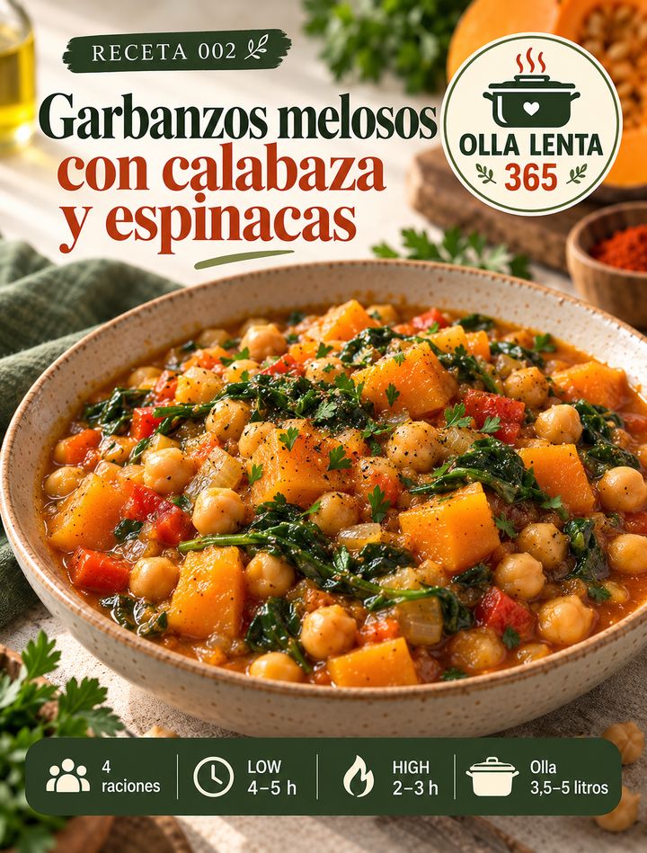 Garbanzos con calabaza y espinacas en un cuenco: portada de la receta 002 de Olla Lenta 365