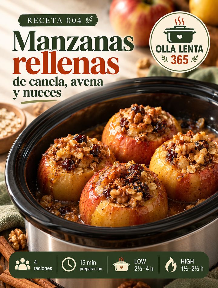 Manzanas rellenas de avena, nueces y canela en la olla: portada de la receta 004 de Olla Lenta 365