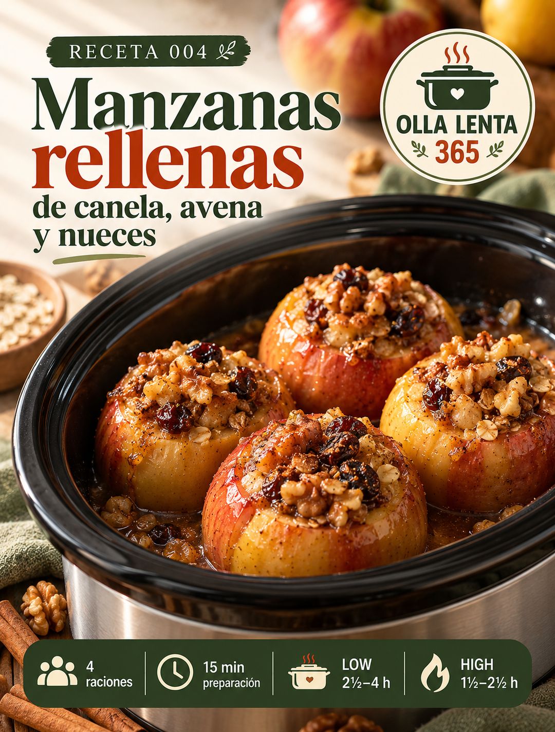 Manzanas rellenas de avena, nueces y canela en la olla: portada de la receta 004 de Olla Lenta 365
