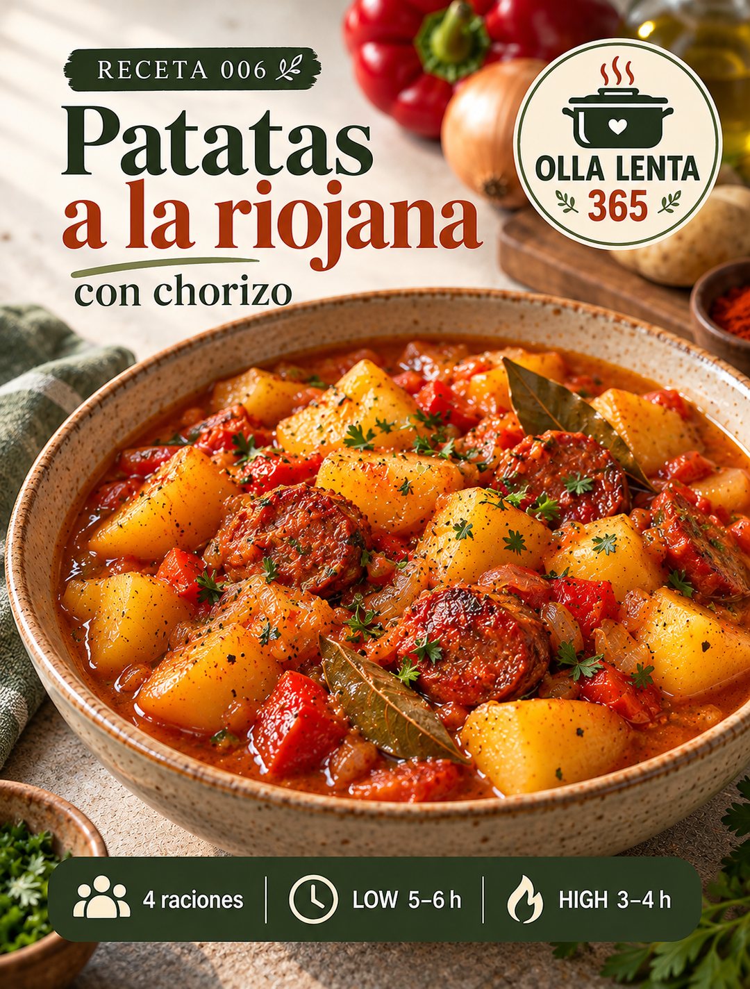Patatas a la riojana con chorizo, pimiento y laurel en un cuenco: portada de la receta 006 de Olla Lenta 365
