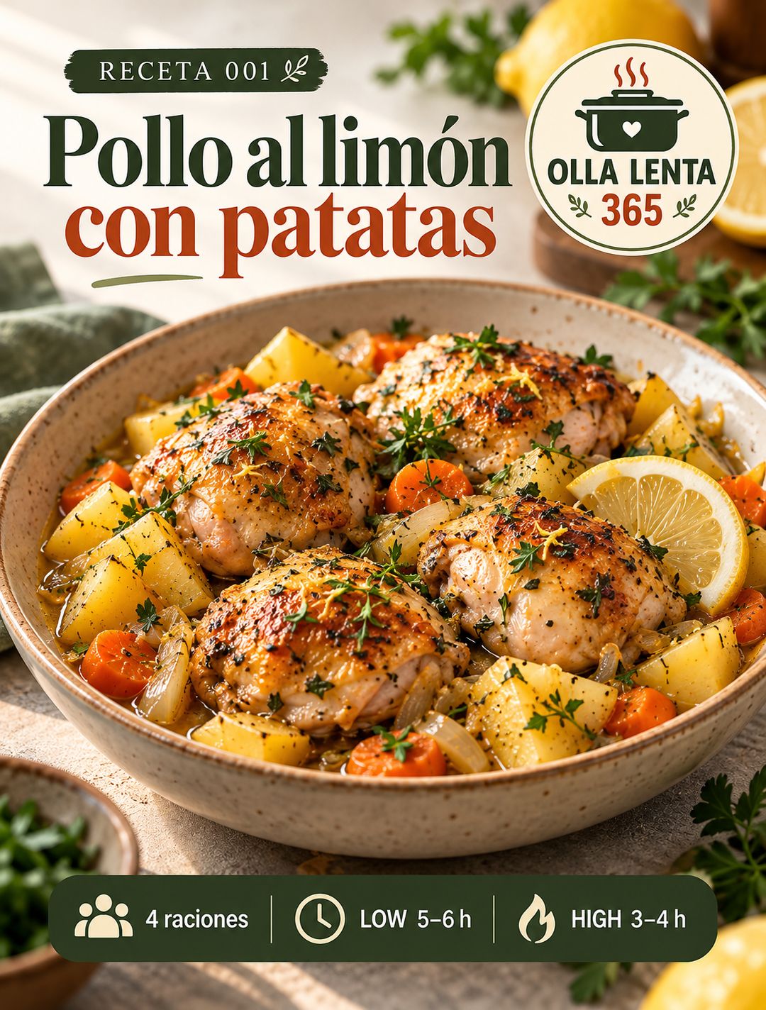 Pollo al limón con patatas, zanahoria y rodajas de limón en un cuenco: portada de la receta 001 de Olla Lenta 365 (4 raciones, LOW 5–6 h, HIGH 3–4 h)