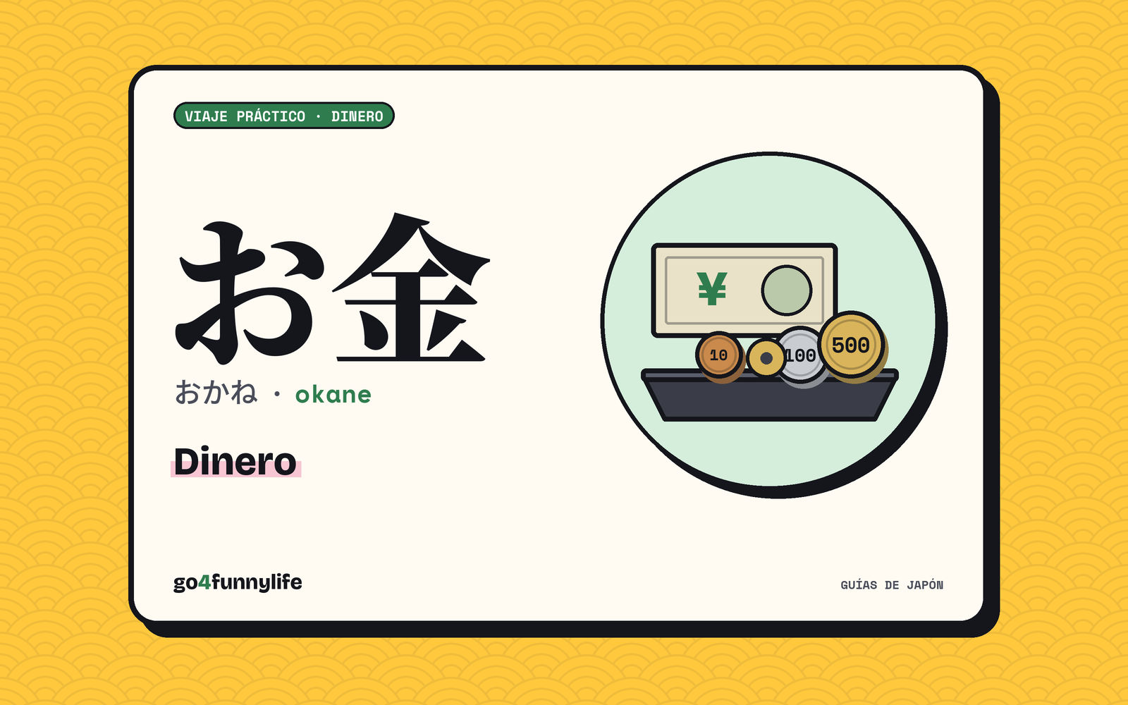 Ilustración: お金 (okane, dinero), billete y monedas de yen sobre una bandeja de cobro